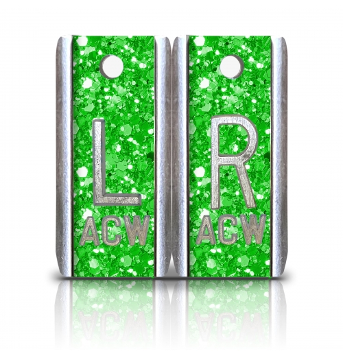 1 1/2" Height Aluminum Elite Style Lead X-ray Markers, Fluorescent Green Glitter Color